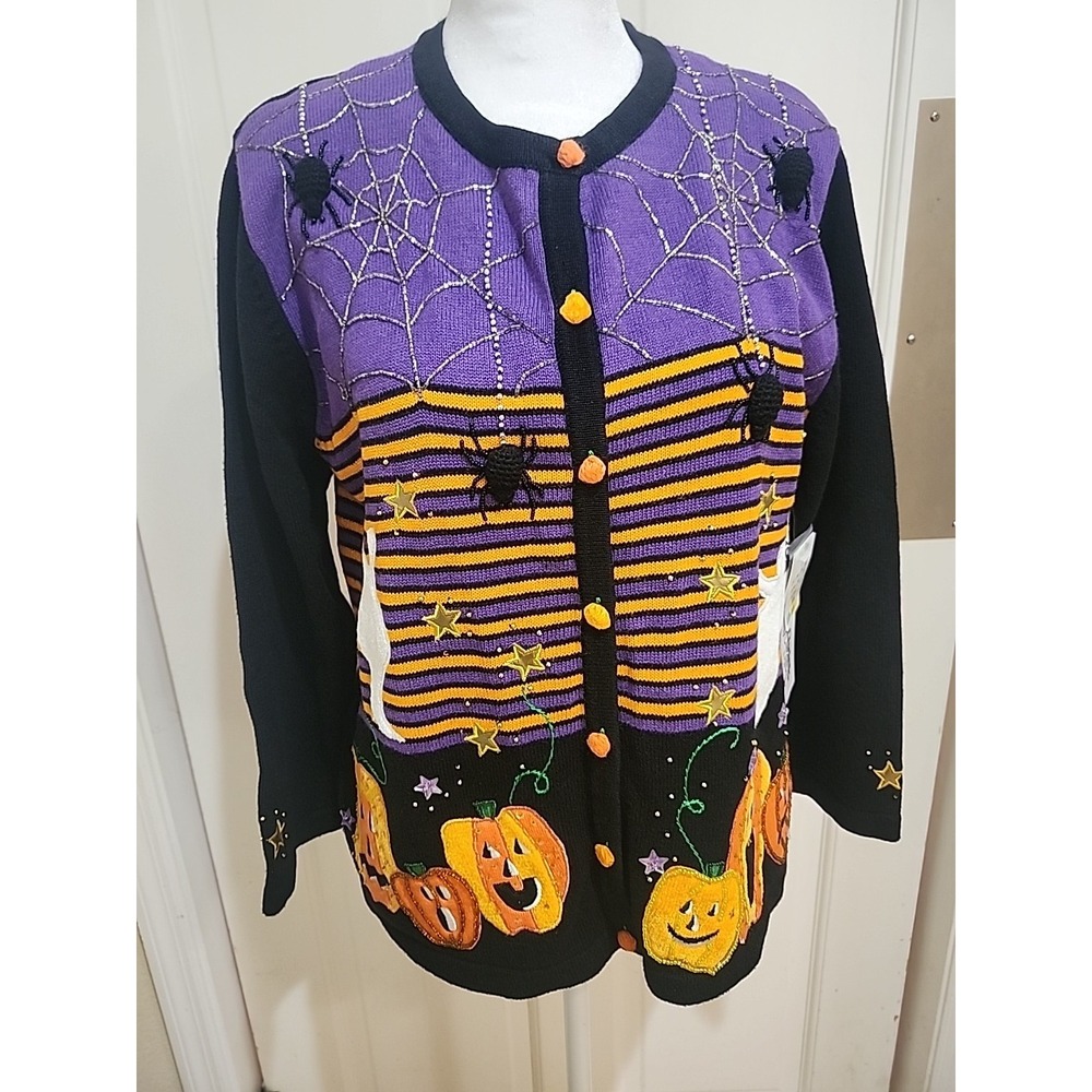 Jack B Quick Women's 90s Halloween Sz L Ghost Pumpkin Beaded Black NWT Cardigan